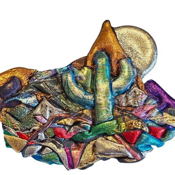 Desert Brooch Cactus Sun Mountain 2.3" Multicolor Pin Handmade Resin Metallic - Picture 3 of 9